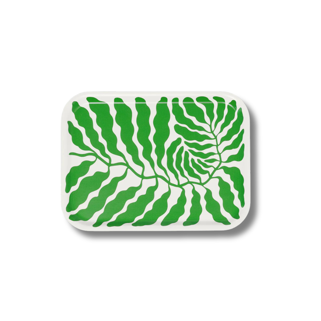Rectangular white tray with green leaf pattern on a white background
