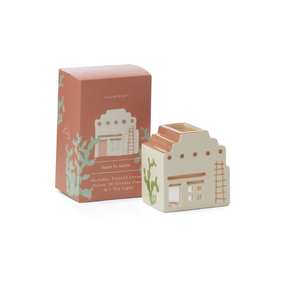 Hand-painted ceramic adobe house incense burner with gift packaging – Santa Fe style decor on white background