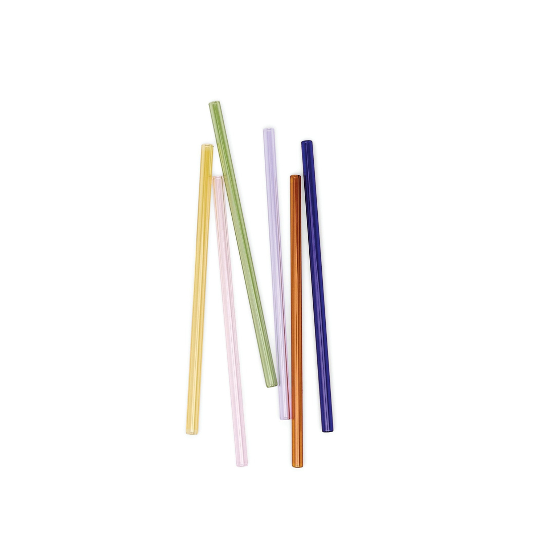 Set of 6 colorful glass drinking straws on white background – reusable, sustainable straws for cocktails and highballs
