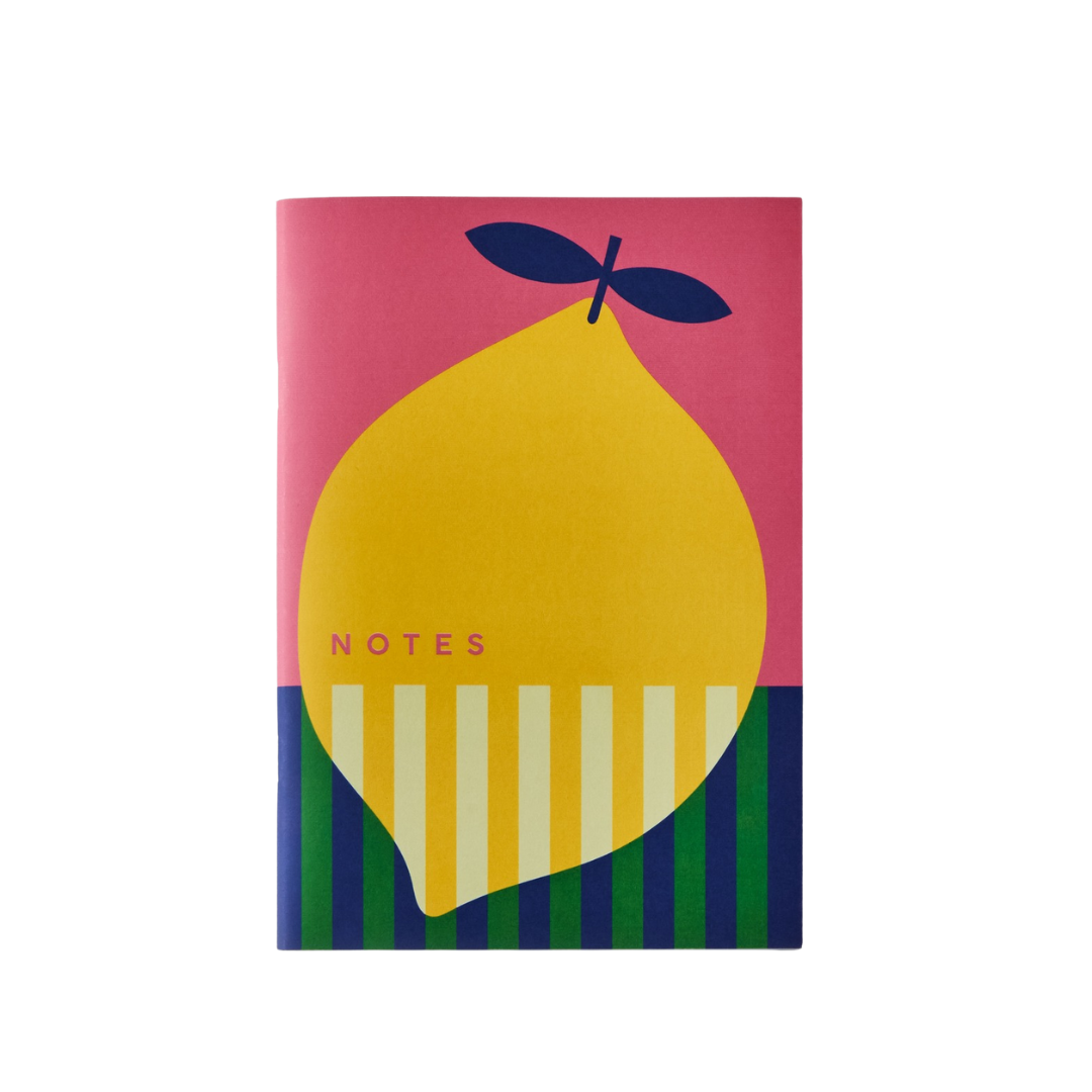 Sorrento Lemon Notebook with colorful botanical pattern and lemon graphic illustration on white background – A5 saddle-stitched ruled notebook
