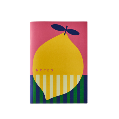 Sorrento Lemon Notebook with colorful botanical pattern and lemon graphic illustration on white background – A5 saddle-stitched ruled notebook
