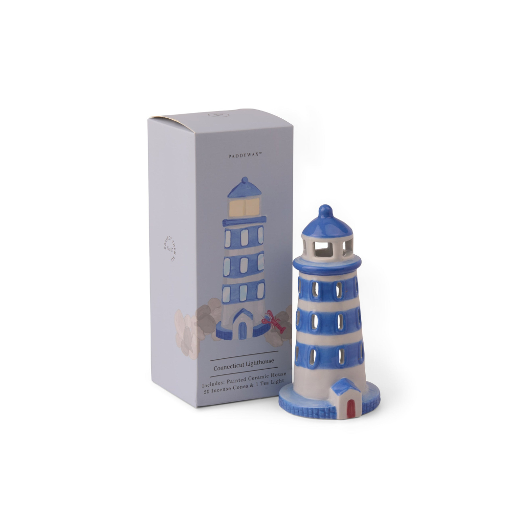 Hand-painted lighthouse incense burner with matching printed gift box on white background