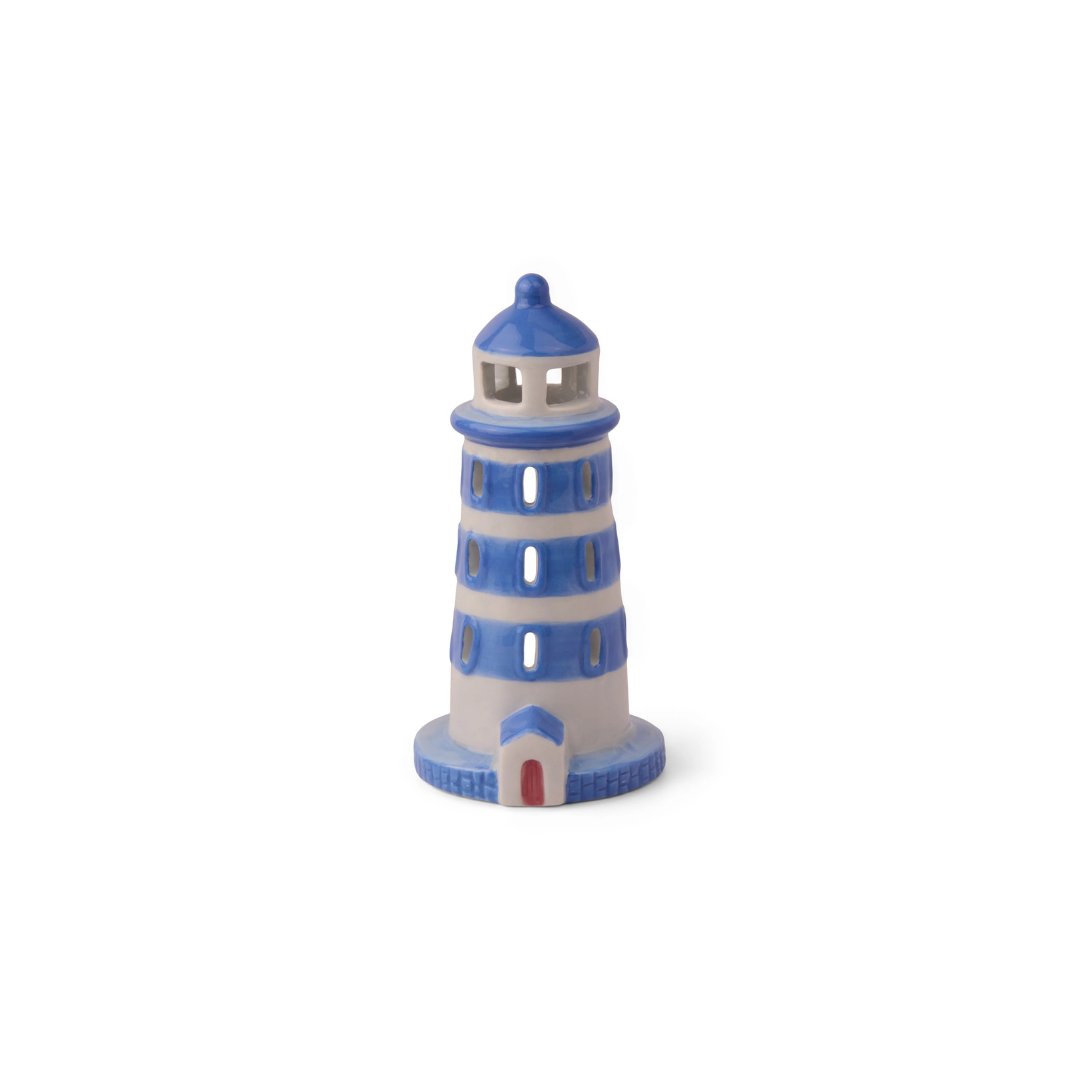 Front view of ceramic lighthouse style incense holder and tea light holder on white background