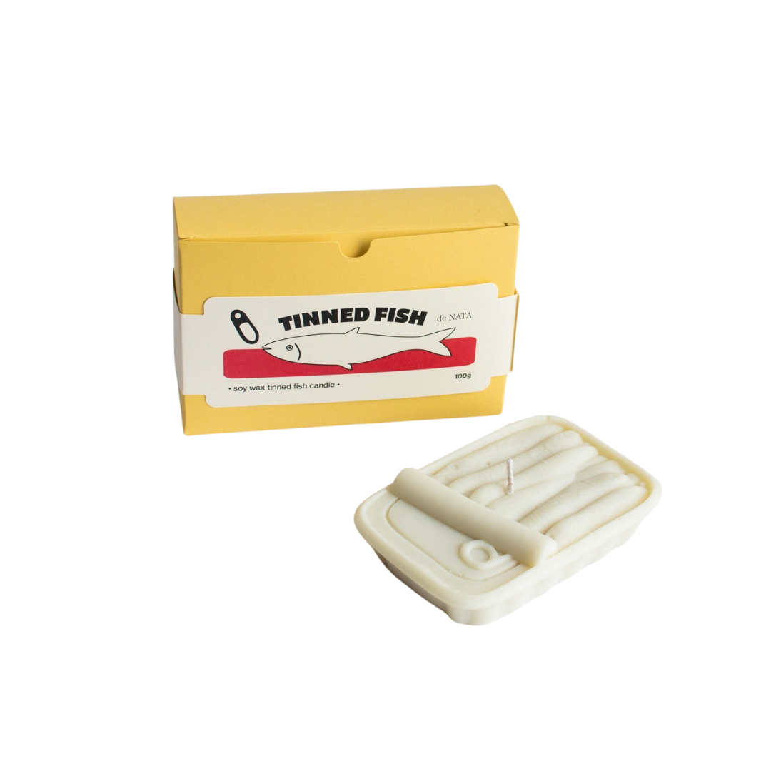 Tinned fish soy wax candle with jasmine, neroli, and orange blossom scent, shown with yellow matching packaging, handmade in the UK
