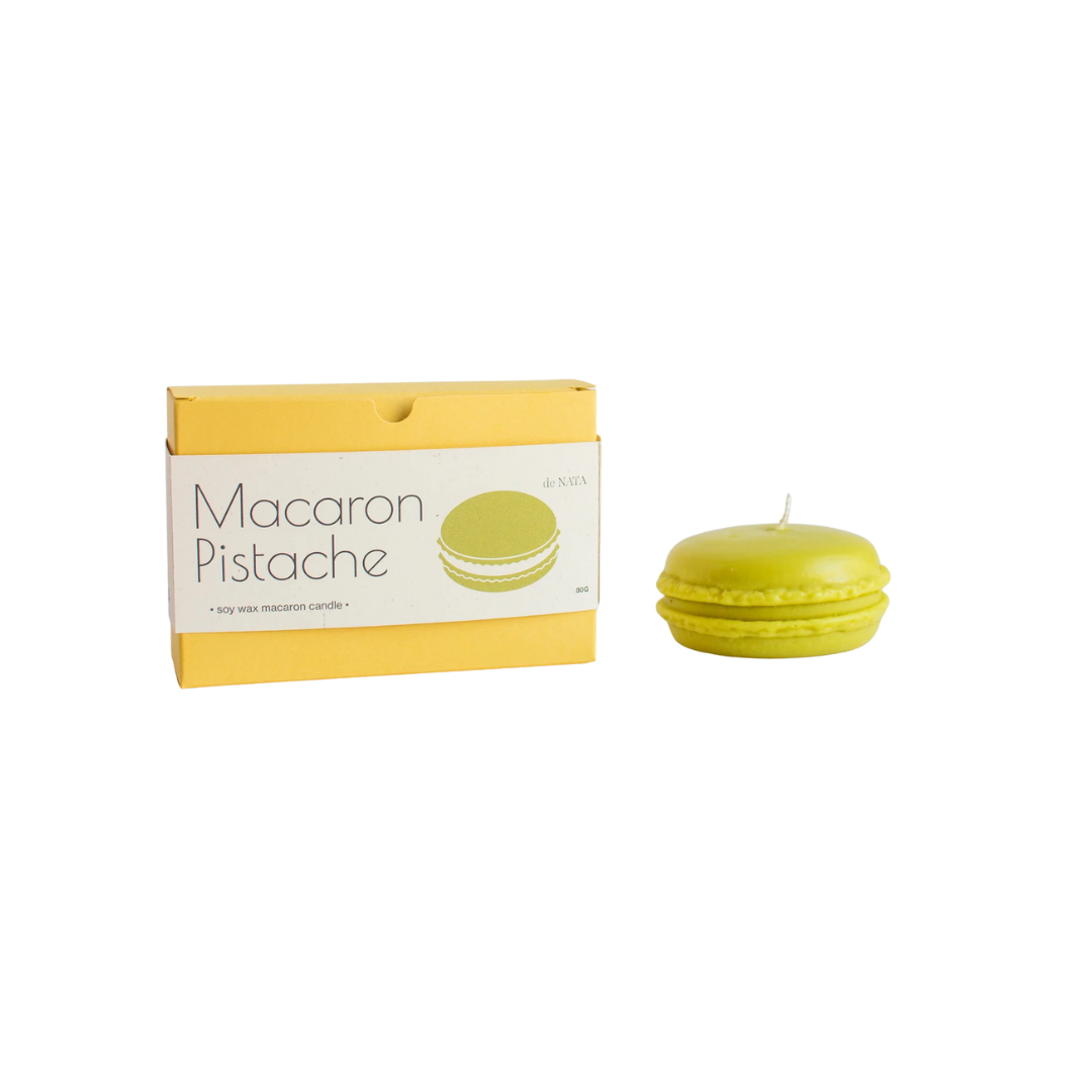 Pistache-macaron soy wax candle with jasmine, neroli, and orange blossom scent, shown with yellow matching packaging, handmade in the UK