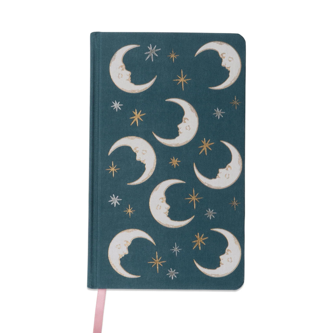 Teal celestial journal with gold foil moon and star design, eco-friendly bookcloth hardcover notebook with lined pages and pink ribbon marker