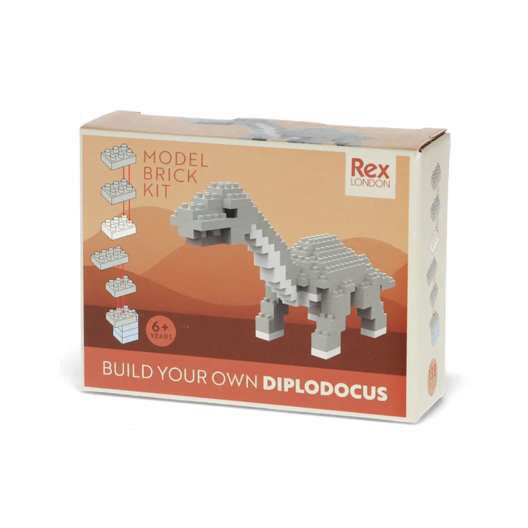 Model brick kit packaging for building a diplodocus dinosaur by Rex London on a white background.