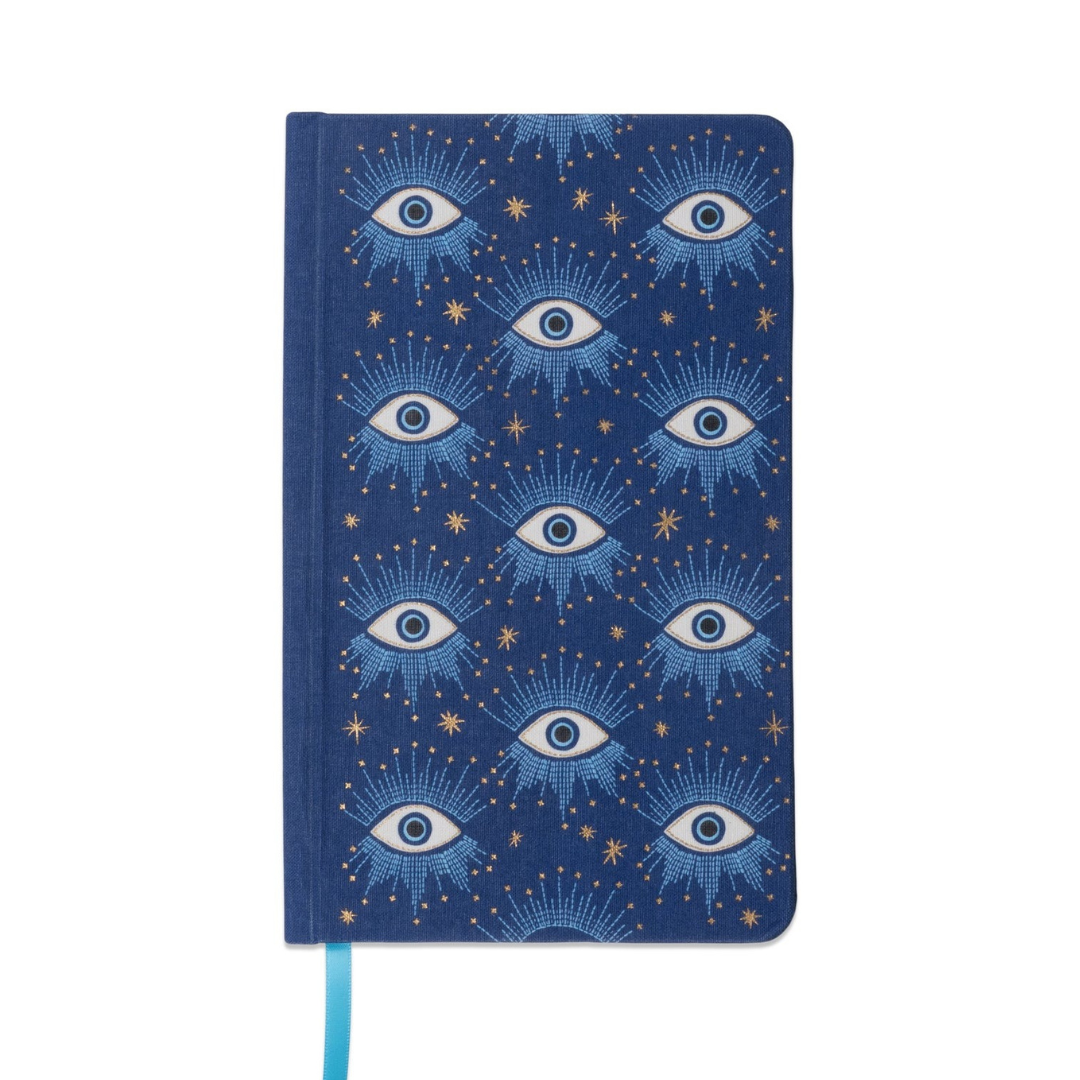 Blue celestial journal with gold foil starry eyed and star design, eco-friendly bookcloth hardcover notebook with lined pages and turquoise ribbon marker