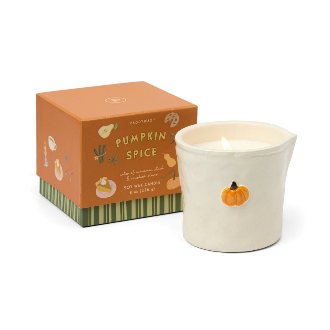 Hand-painted ceramic candle in sliding box – cozy pumpkin spice and vanilla fragrance, reusable food-safe vessel