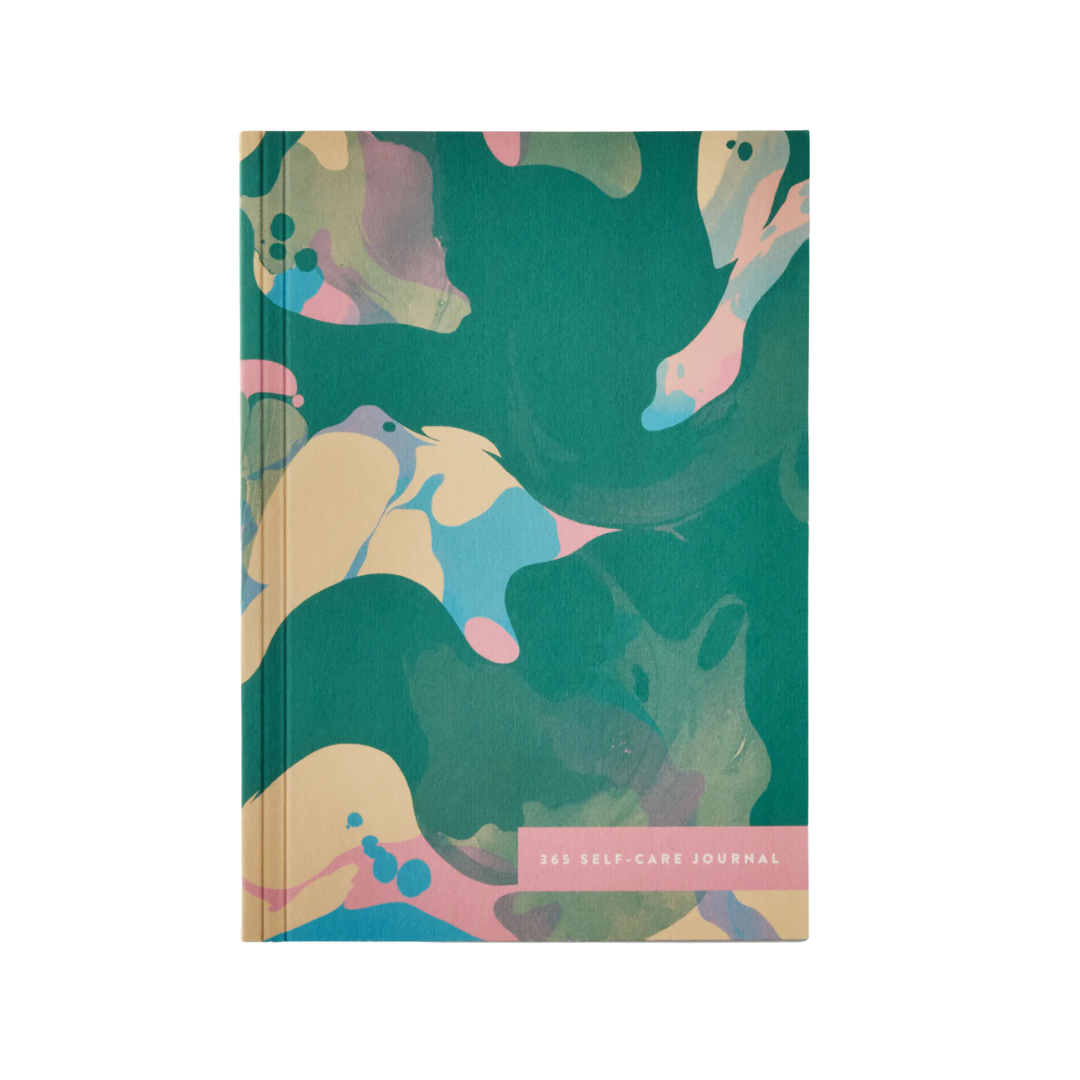 365 Self Care Journal teal marble cover on white background – sustainable A5 mindfulness and gratitude journal