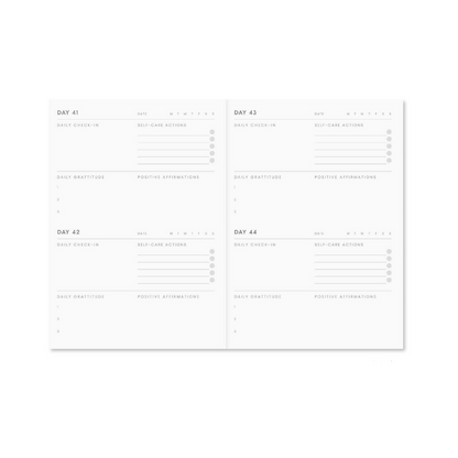 Open 365 Self Care Journal teal marble edition showing daily self-care prompts, gratitude, and affirmation sections