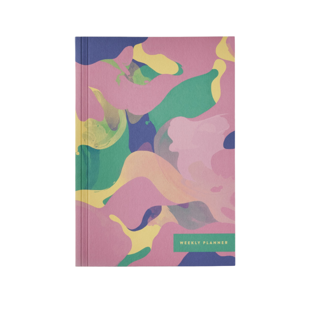 Reverie A5 Weekly Planner Pink Marble cover on white background – stylish pastel marble productivity planner