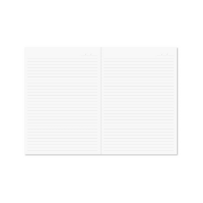 Open Reverie A5 Notebook Notes &amp; Ideas on white background showing blank lined pages for journaling, note-taking, and sketching with layflat binding