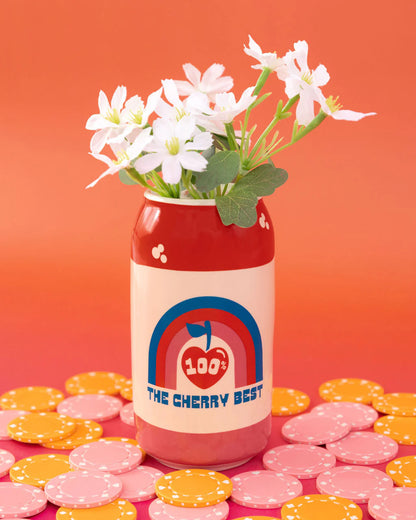 A hand-painted ceramic vase with a &