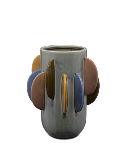 “Cylindrical ceramic vase with colourful half-moon accents serving as handles