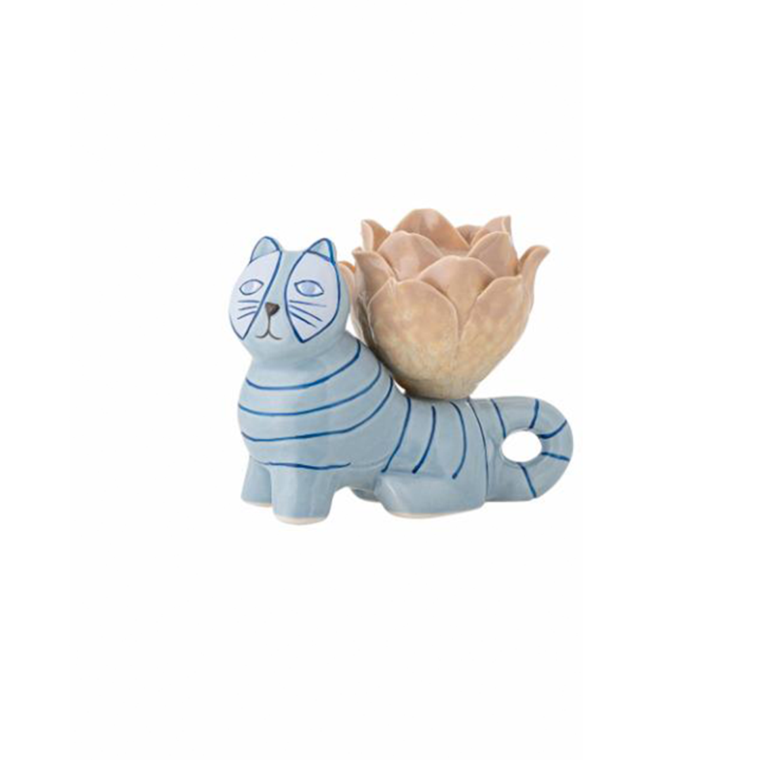 Missy Striped Blue Small Cat Candle Holders, hand-painted pastel stoneware, with flower-shaped candle holders, playful and unique home déco