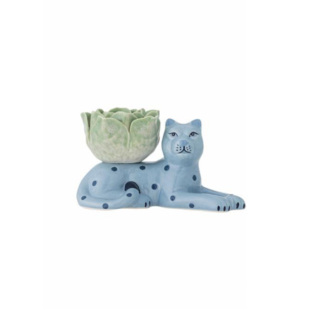 Rory Blue Spots Candle Holder, hand-painted stoneware with flower-shaped top, playful and whimsical décor, L14xH8,5xW7 cm, unique home accessory