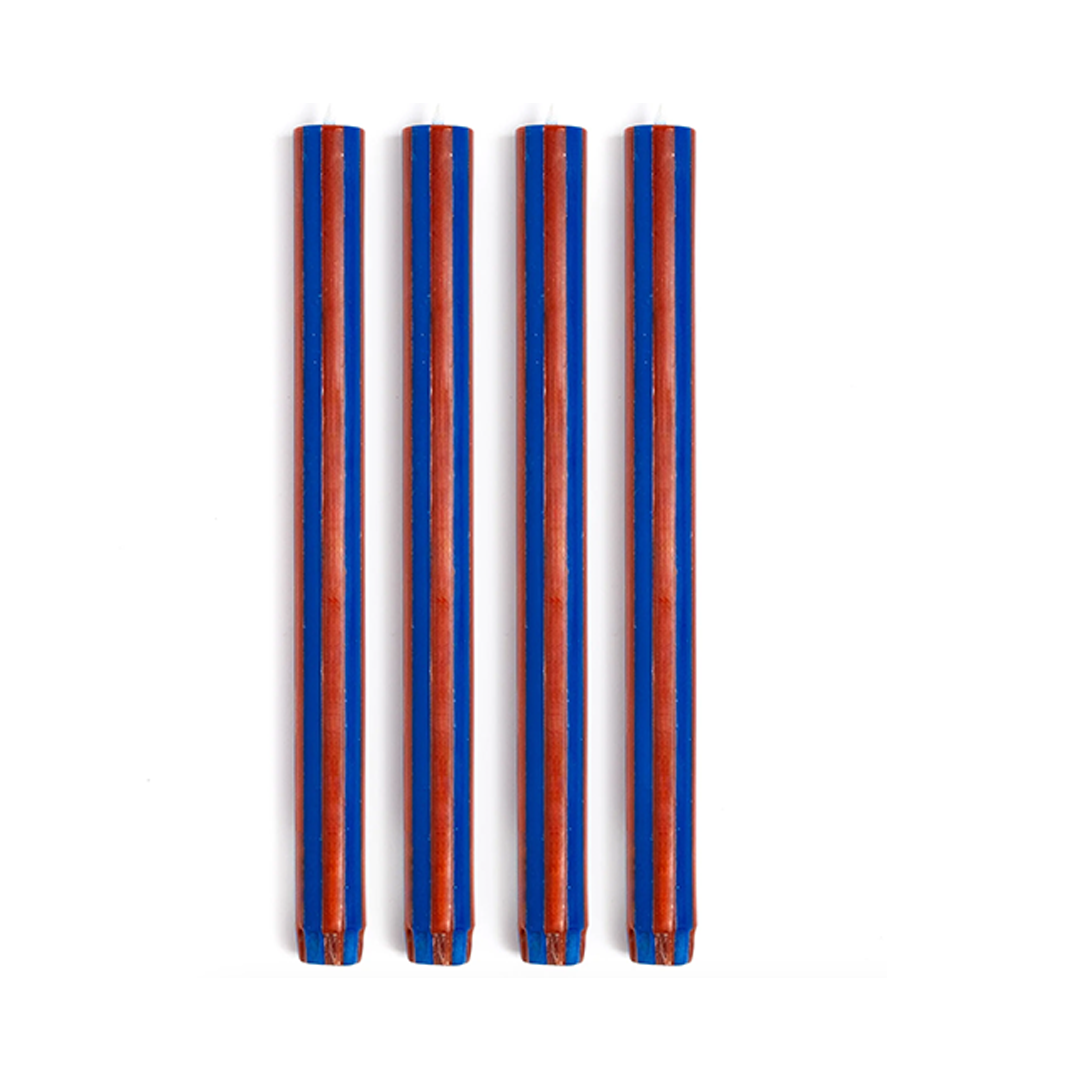 Striped Dinner Candle Blue &amp; Terracotta - Set of 4
