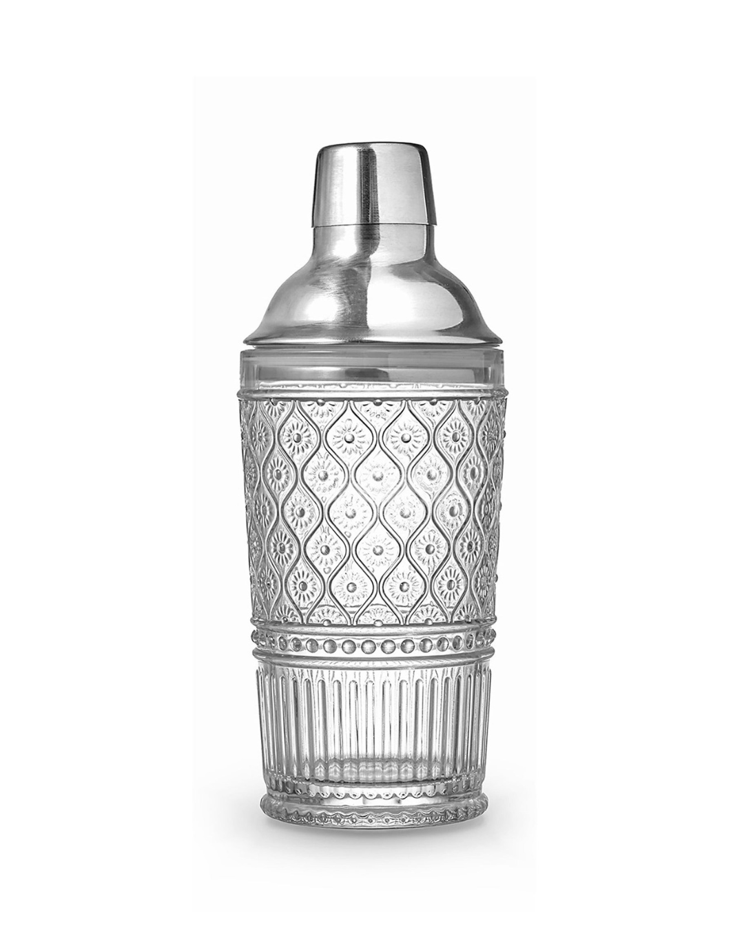 Claro Cocktail Shaker in clear lead-free crystal with embossed Victorian-inspired design