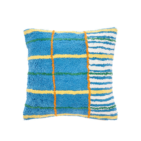 Hand-Tufted Cushion Blue, Yellow, Off White, Green 100% Cotton