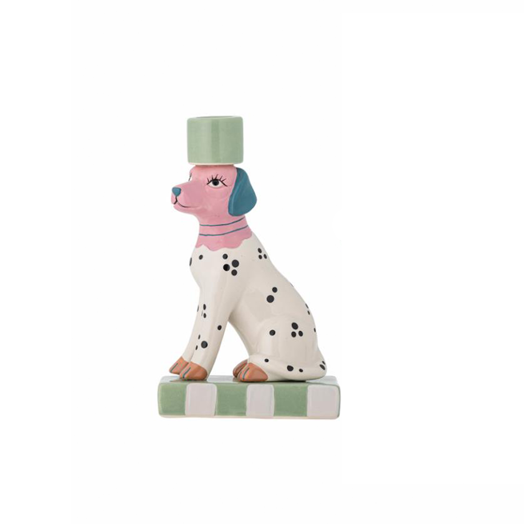 Doglie Candle Holders hand-painted stoneware dogs with pink, black, and blue dots and stripes, standing on green and white checkered bases, unique home décor