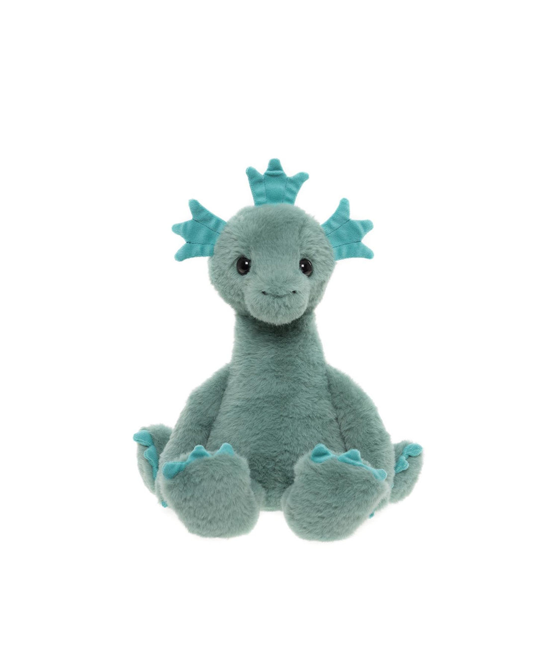 Front View of the Nessie plush toy in seaweed green – soft cuddly stuffed mythical creature for kids, comfort toy and nursery companion