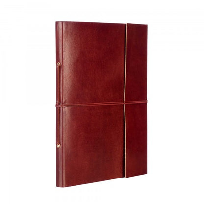 Side view of Distressed Leather Journal Red handmade photo album with distressed red leather cover, 30 pages of acid-free cotton paper and elastic closure
