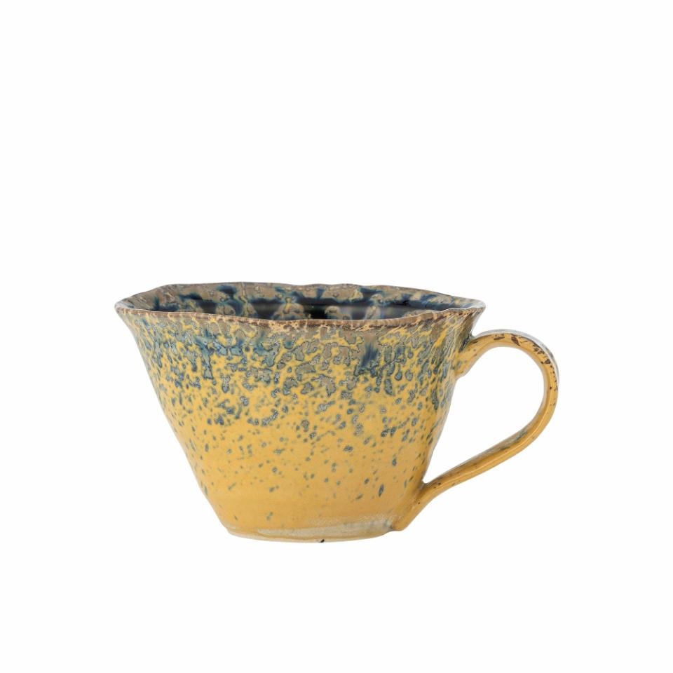 Handcrafted ceramic cup with a reactive yellow and blue glaze, featuring pearlescent shimmer highlights. Ideal for coffee, tea, or display.
