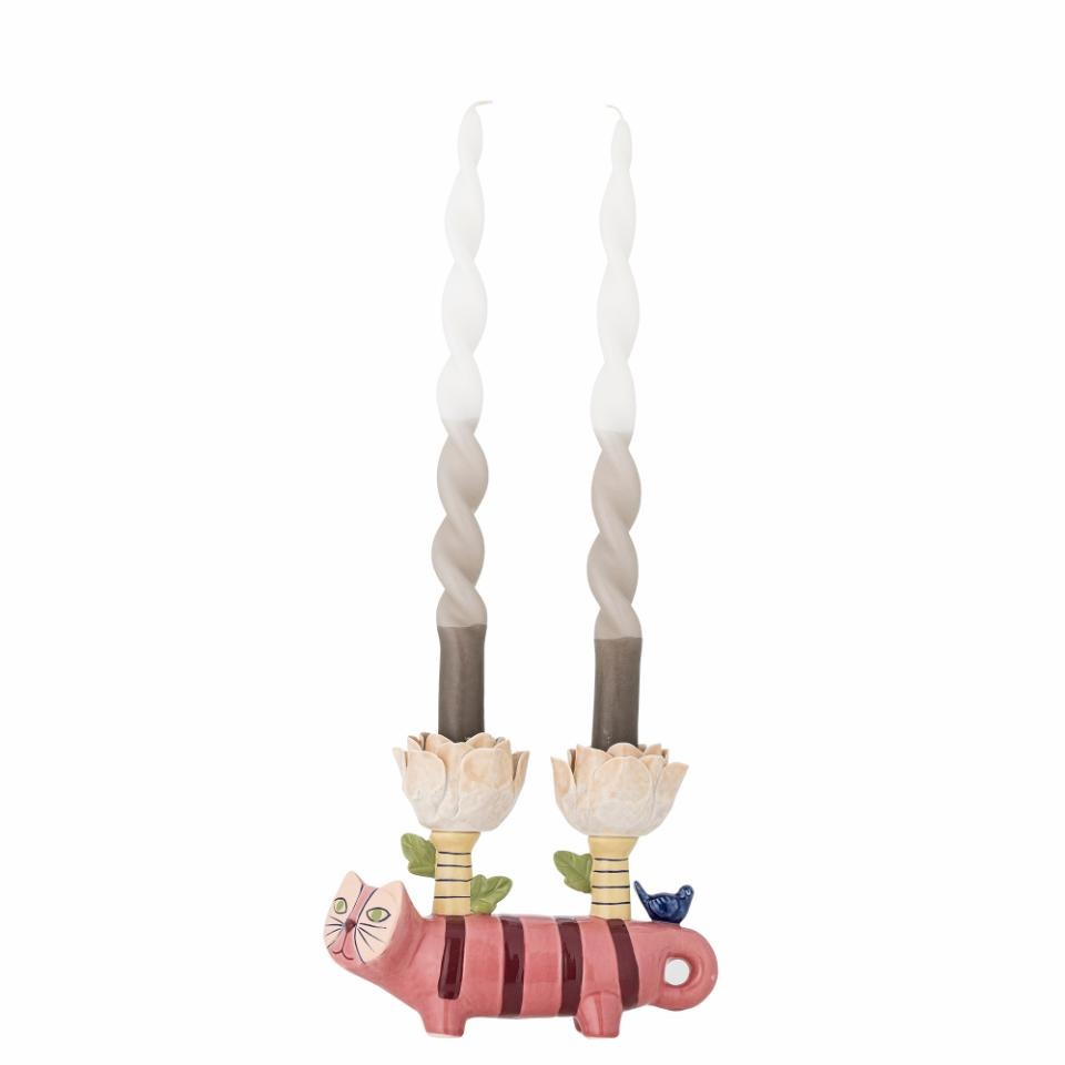 Missy Candle Holder in rose stoneware with hand-painted cat design, pink, yellow and blue colors, featuring two flower-shaped candle holders, unique home décor