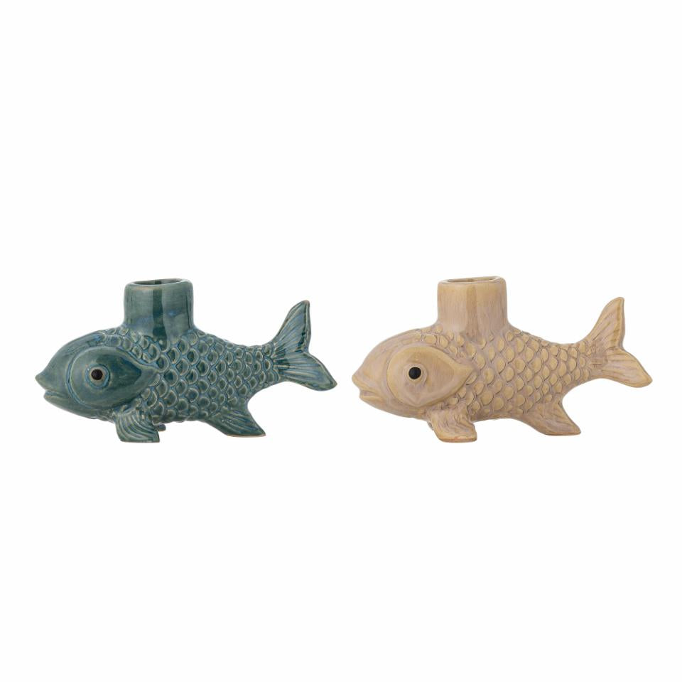 Burne Fish Candle Holders set of 2 in green and beige glazed stoneware, unique fish-shaped design, 13x7x5.5 cm, playful and decorative home décor”