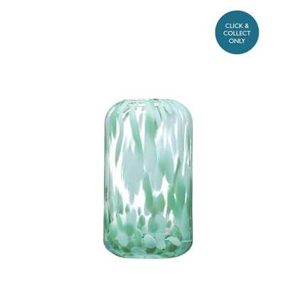 A green hand-blown glass vase with a 
lava decoration, designed for click and collect.