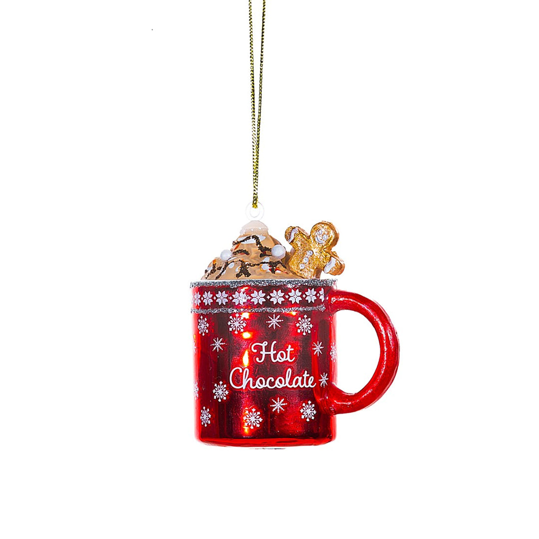 Hot Chocolate Glass Christmas Decoration with gingerbread man – festive 100% glass ornament for cosy Christmas tree décor.