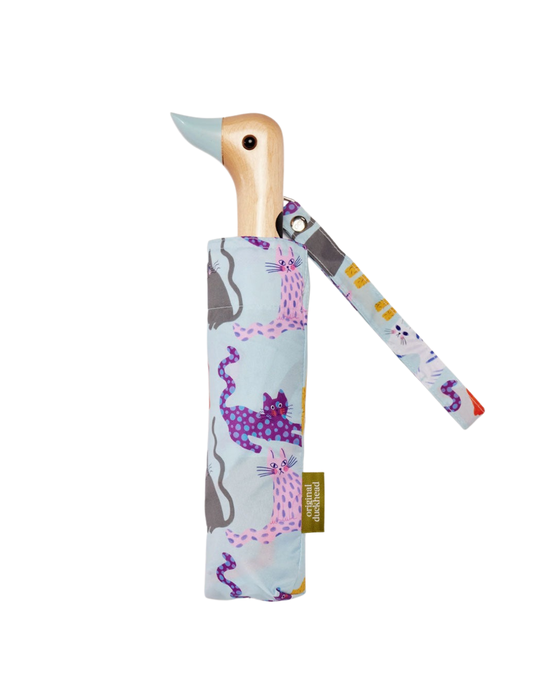 Arty Cats Print Umbrella in ice blue with recycled fabric canopy and birch wooden handle