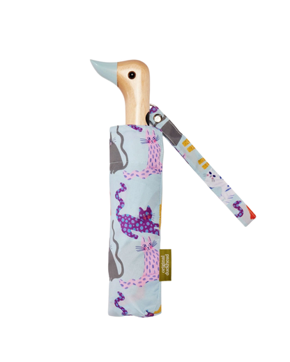 Arty Cats Print Umbrella in ice blue with recycled fabric canopy and birch wooden handle