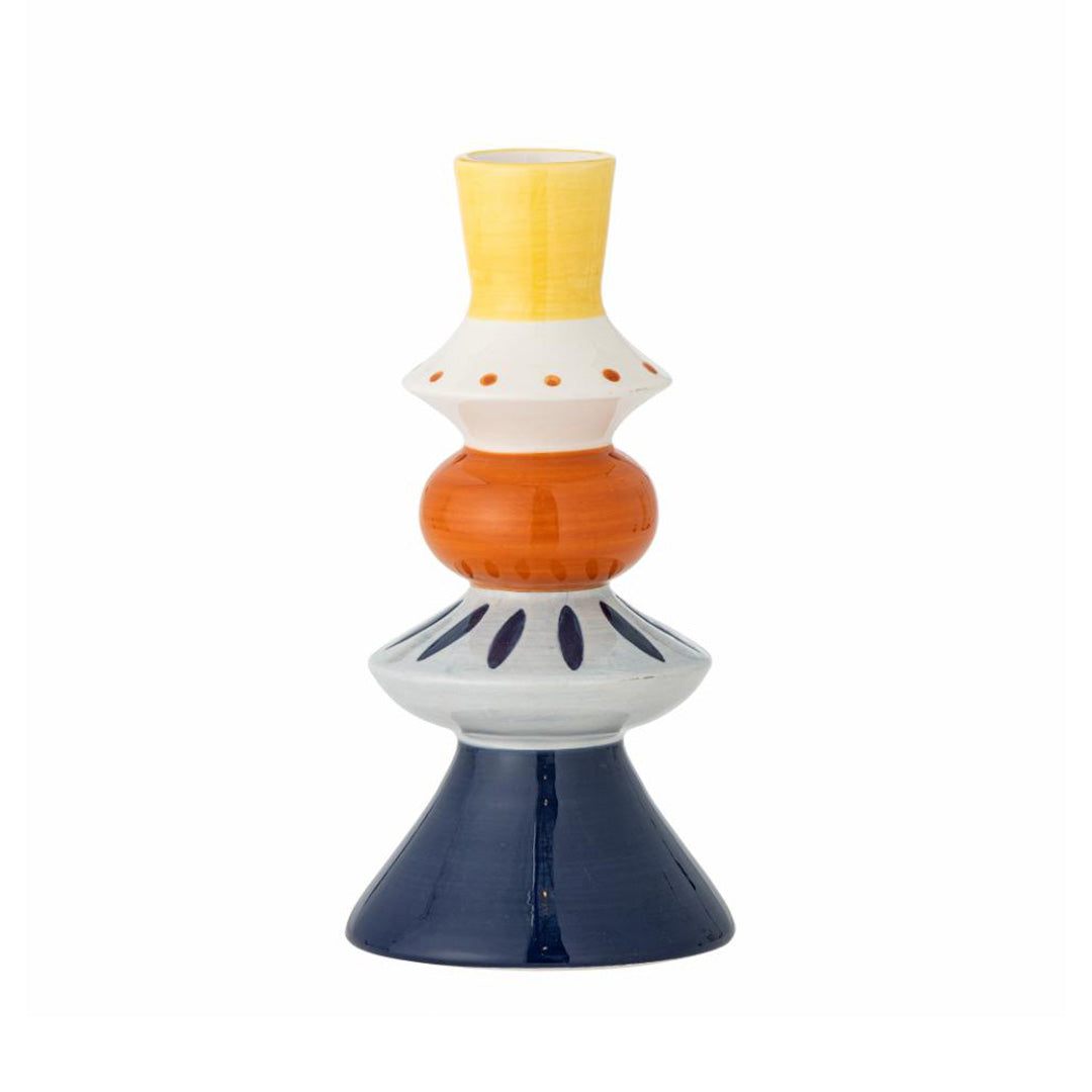 Kairi Blue Stoneware Vase – tall ceramic vase with stacked shape and hand-painted yellow, orange, and blue pattern