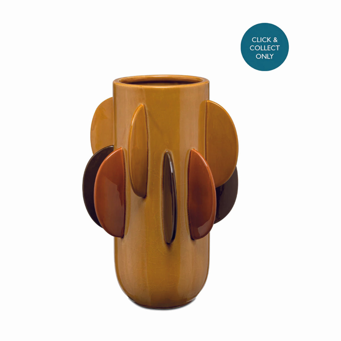 “Cylindrical ceramic vase with colourful half-moon accents serving as handles