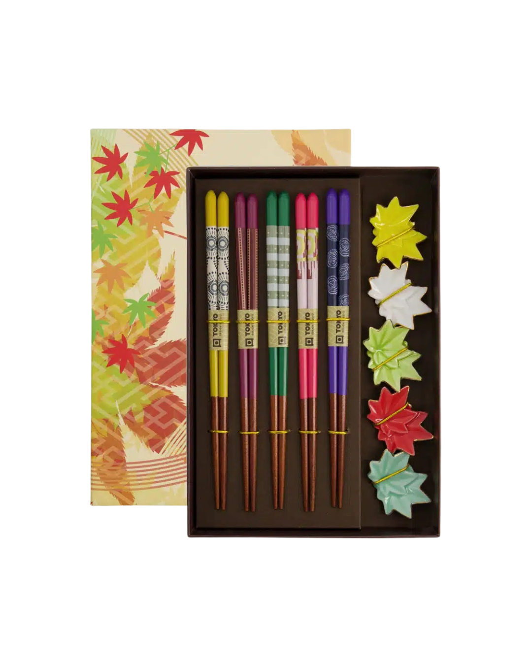 10-piece maple leaf chopsticks gift set with gift box lid next to it, showing 10 chopsticks and 5 porcelain leaf rests