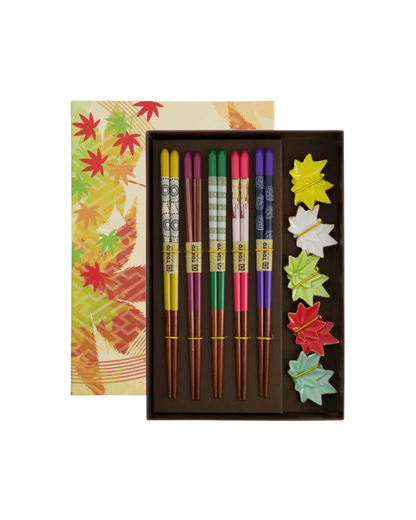 10-piece maple leaf chopsticks gift set with gift box lid next to it, showing 10 chopsticks and 5 porcelain leaf rests