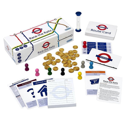 Board game components including a box, cards, tokens, and pieces on a white background