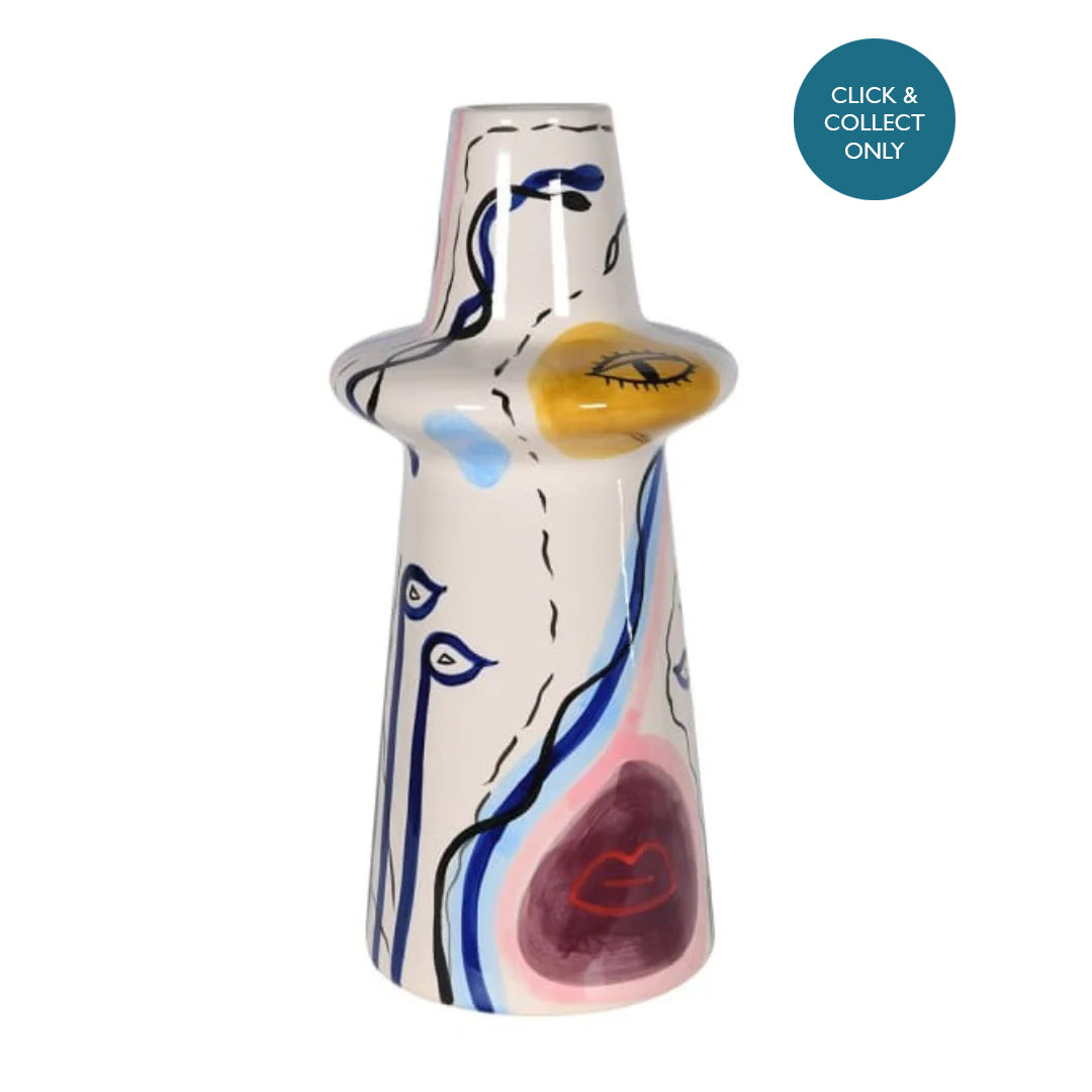 Malaga handpainted ceramic vase with abstract designs in white, blue, and other colors.