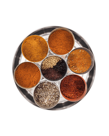 Seven Middle Eastern spices from the spice tin: Aleppo Pepper, Baharat, Harissa, Shawarma, Sumac, Urfa Chilli, Za’atar