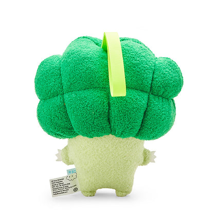 Plush toy shaped like a broccoli with a green stem on a white background