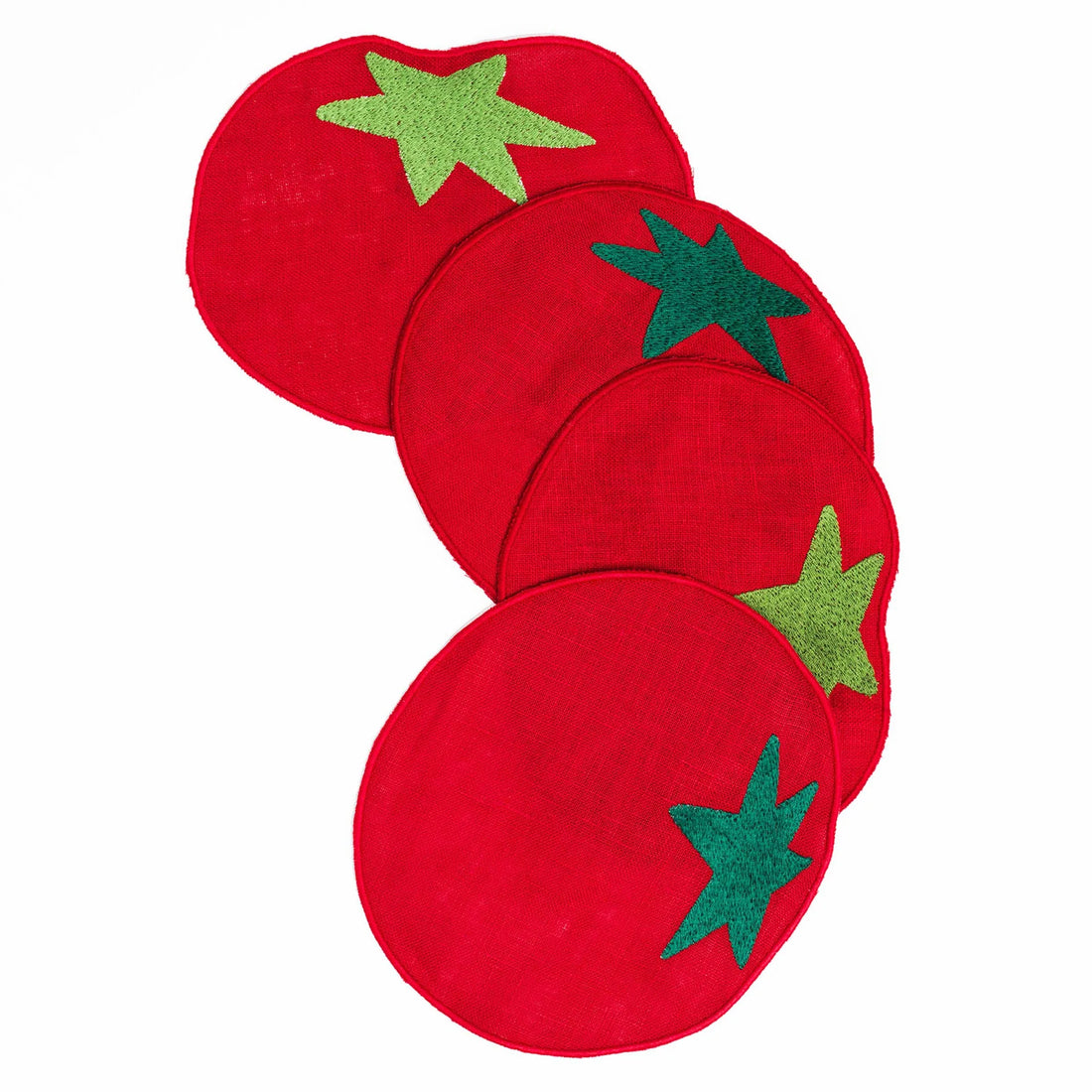 Set of four red tomato-shaped cocktail napkins made of linen