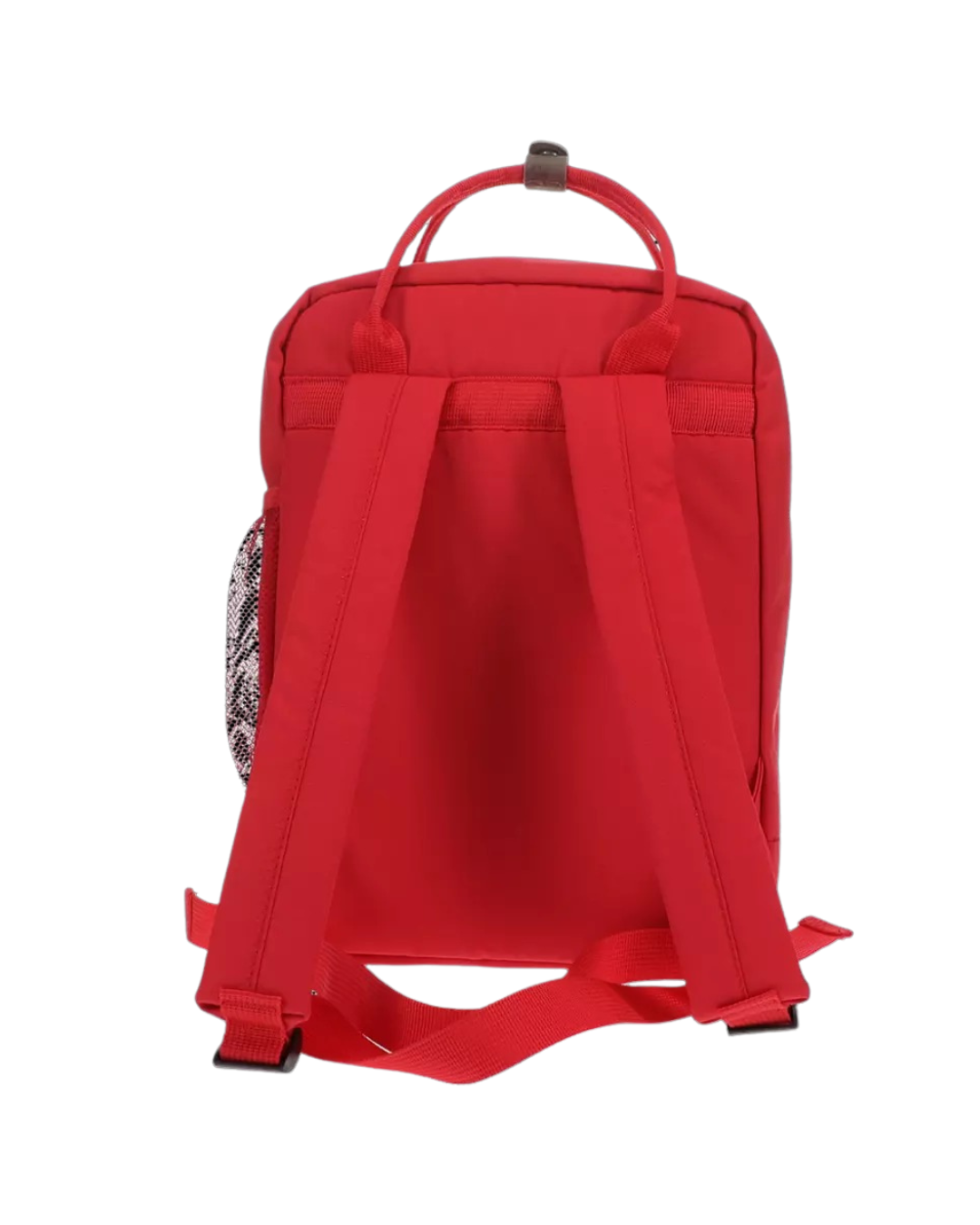 Back view of the red back compact backpack with adjustable straps and multiple compartments