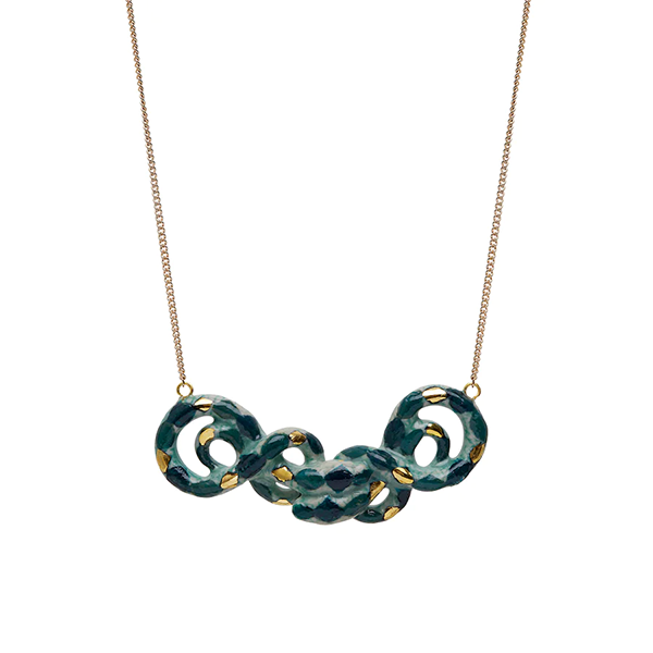Hand Painted Porcelain Double Green &amp; Gold Snake Necklace