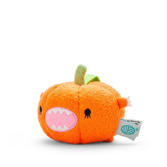 Front view of the Ricepumpkin mini plush toy, a bright orange pumpkin with a cheerful embroidered face and a velcro strap.