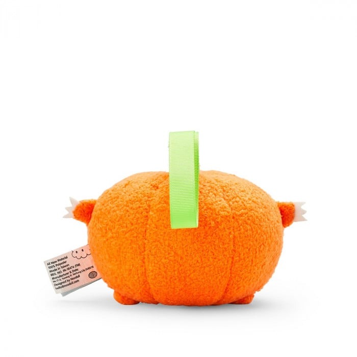 Back view of the Ricepumpkin mini plush toy, showing the bright orange body and green velcro strap.