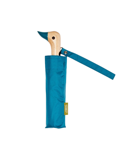 Teal Compact Duck umbrella with recycled plastic canopy, birch wooden handle, lightweight and wind-resistant design for city and travel use