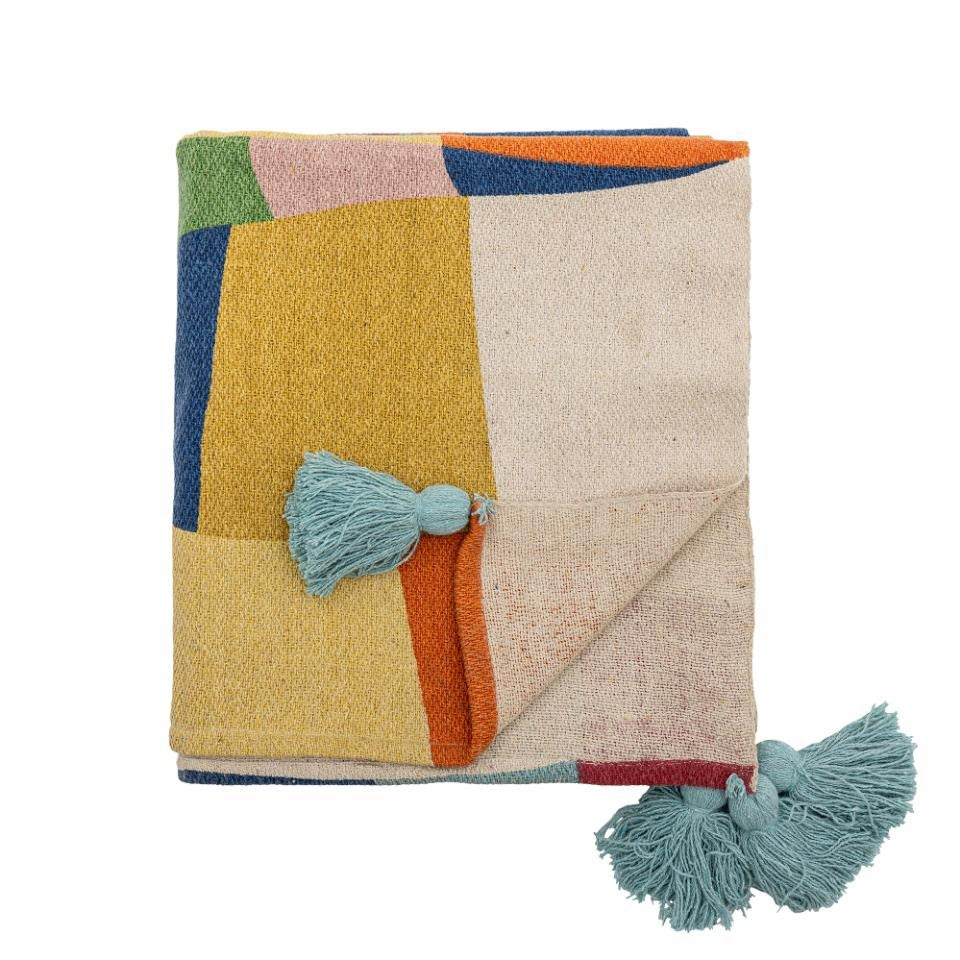 Colorine Throw made of recycled cotton with colourful woven pattern and tassels