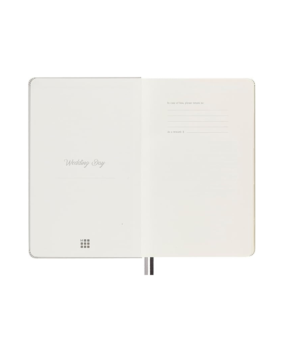 inside view of the Moleskine Wedding Journal with hardcover, elastic closure, two ribbon bookmarks, expandable inner pocket, 400 pages of ivory acid-free paper, and themed stickers for customization